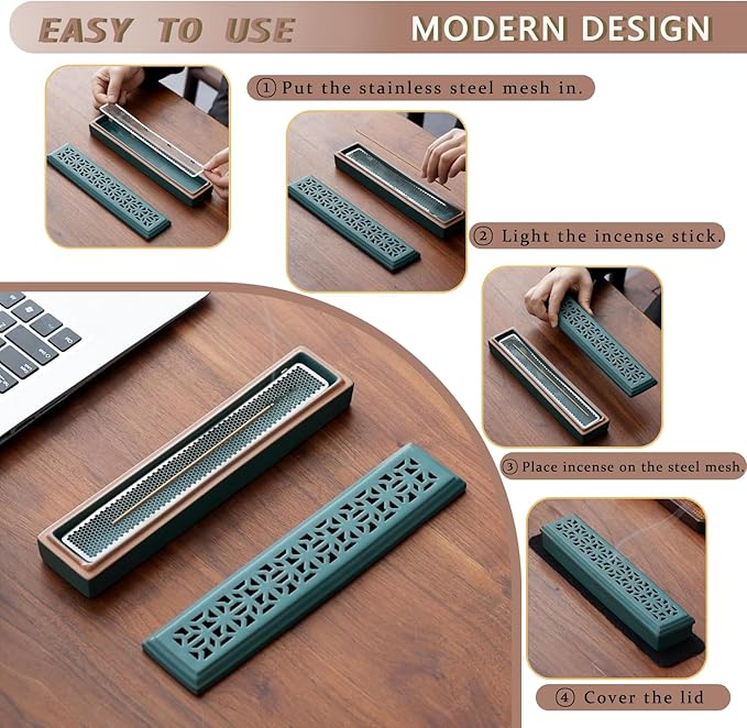 Incense Holder,Ceramic Incense Holder for Sticks with Ash Catcher,Coffin Style Incense Box,Incense Burner for Meditation Yoga Spa Room Decor(Green)