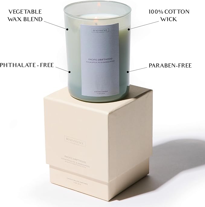 Eucalyptus Fig & Sandalwood Scented Candle | Benevolence LA Sun-Kissed Collection | 11oz, 60 Hour Burn | Natural Soy Wax, Cotton Wick | Fall Scented Candles for Home, Bedroom – Pacific Driftwood