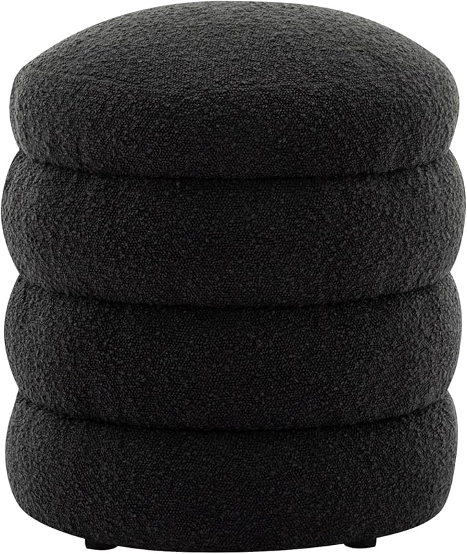 Furniliving Modern Round Ottoman, Soft Bedroom Ottoman Footstool Round Ottomans Stool for Living Room, Bedroom, Makeup Room, Black, Boucle