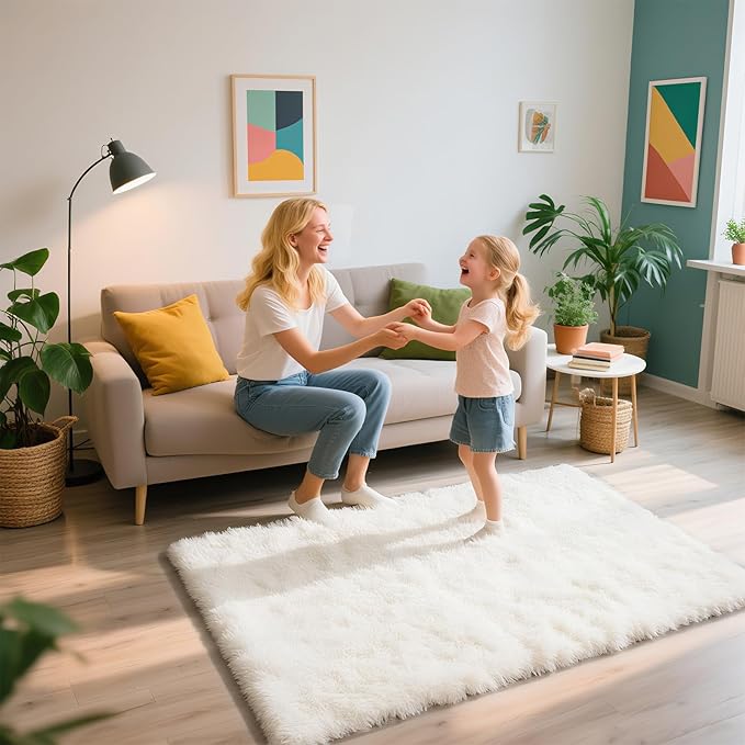 Shag Area Rug for Bedroom 3x5,White Fluffy Area Rugs for Living Room,Soft Fuzzy Rug Non-Shedding Indoor Plush Carpet for Kids Bedroom Nursery Dorm Home Decor