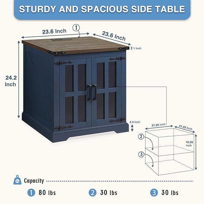 Farmhouse End Table with Charging Station,24" Large Side Table with Glass Door, Rustic Wood Nightstand Bedside Table with Adjustable Storage Shelf for Living Room, Bedroom, Navy Blue,2 Pack