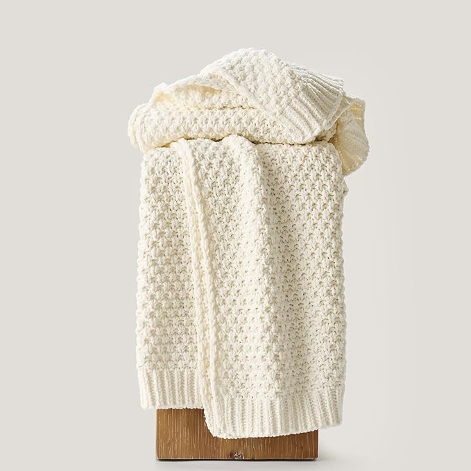 Chunky Chenille Knit Throw Blanket for Couch, Soft Luxurious Moss Stitch Blankets for Bed, Cozy Decorative Farmhouse Knitted Throws for Sofa, Ivory White, 50" x 60"