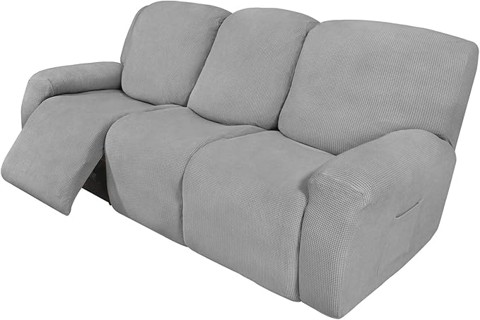 Easy-Going 8 Pieces Recliner Sofa Stretch Sofa Slipcover Sofa Cover Furniture Protector Couch Soft with Elastic Bottom Kids, Spandex Jacquard Fabric Small Checks Light Gray