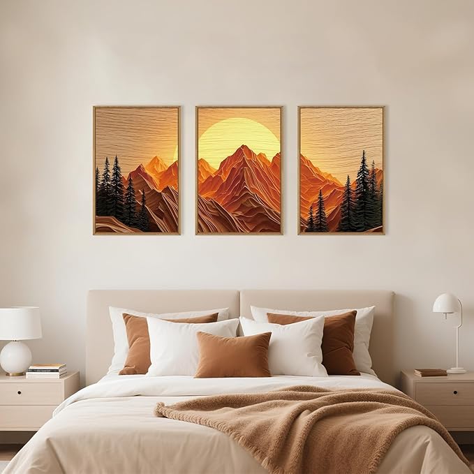 Large Mountain Framed Canvas Wall Art Set, Abstract Ridge Sun Painting, Boho Sunset Scenery Wall Decor,Modern Natural Landscape Art Print for Living Room,Bedroom,Office-16 x24 x3