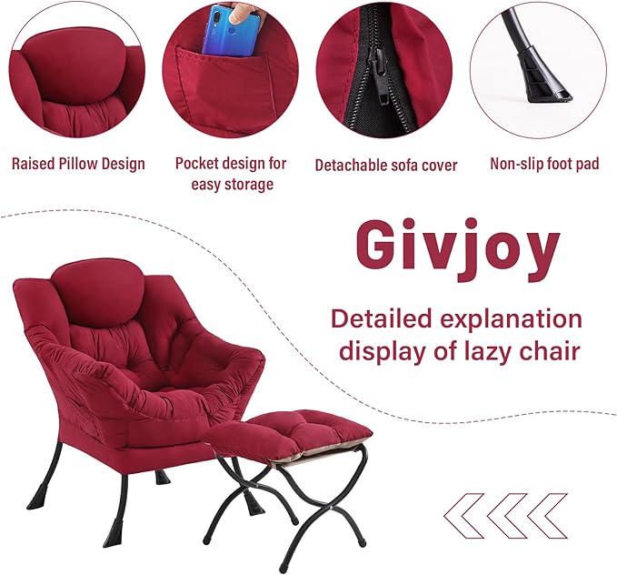 Lazy Chair and Ottoman, Large Accent Lounge Chair with Armrests and a Side Pocket, Modern Leisure Upholstered Sofa Reading Armchair with Footrest for Bedroom, Living Room, Dorm Rooms, Office