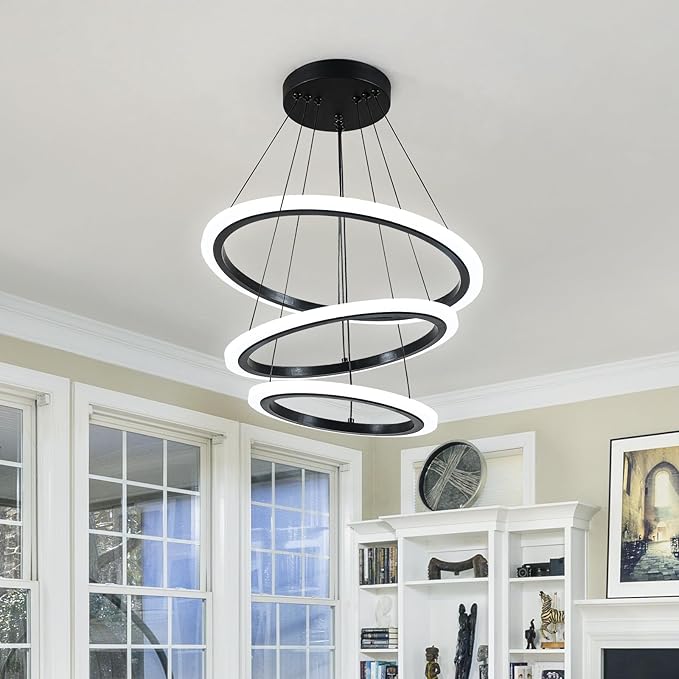 O'NEELDY Modern 3 Ring LED 52W Black Pendant Light with Irregular Ring Lights Adjustable Hanging Lamp for Dining Room Bedroom Kitchen Island Cafe