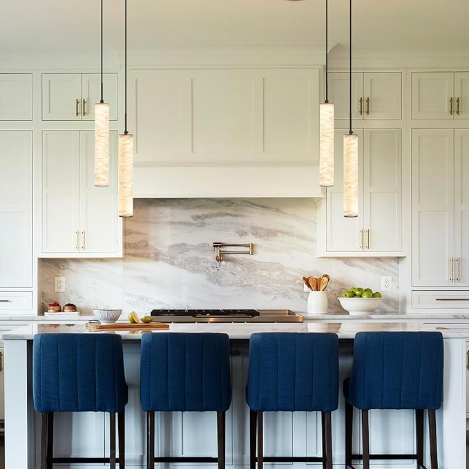 LMQNINE Natural Alabaster Pendant Lights for Kitchen Island White Marble Long Tube Chandelier Modern Black Ceiling Light Fixtures for Bedroom Dining Room Table Living Room Hallway(M-2Light)