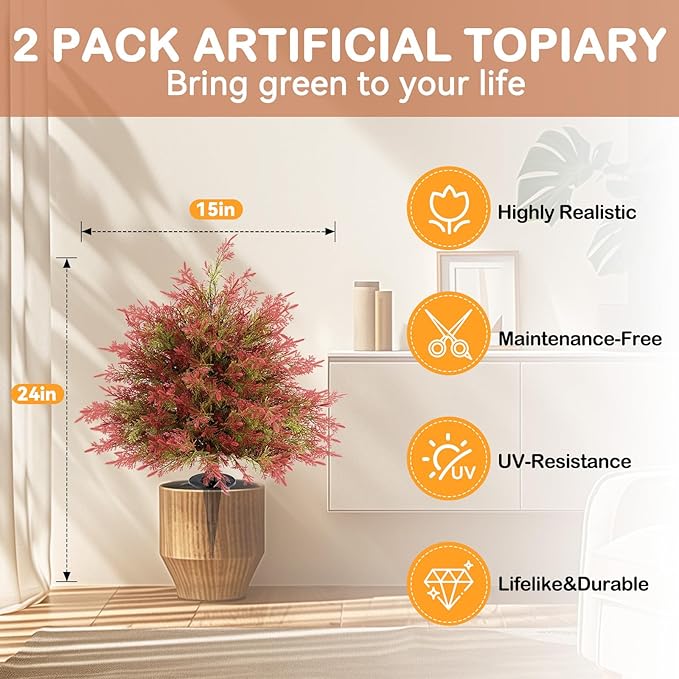 Artificial Topiary Ball Trees with Ground Spikes UV Resistant Faux Greenery Shrubs Fake Shrubs for Outdoors, Realistic Faux Plants Bushes for Garden Porch Yard Patio Decor (Red Green Cedar)