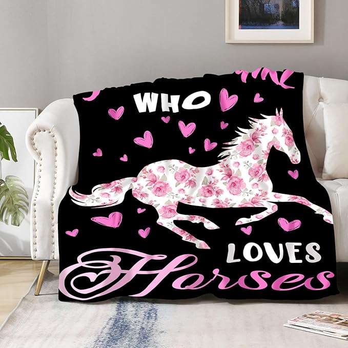 Horse Gifts Blanket for Girls Women Teens for Horse Lovers Throw Just A Girl Who Loves Horses Themed Living Room Decor Soft Cozy Bed Couch Plush Birthday 50"x60"
