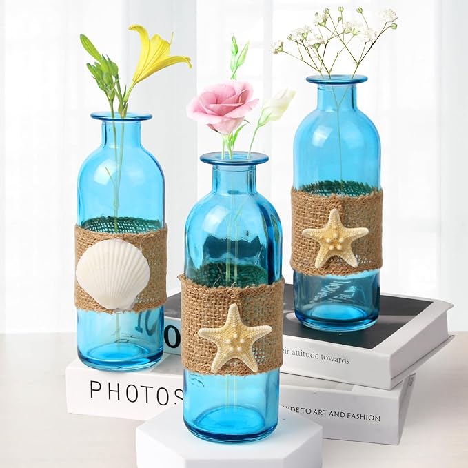 Shell Vase Set of 3 Blue Coastal Vase,Small Starfish Seashell Flower Glass Vases Handcrafted for Beachy Decor,Beach Wedding/Party Beach Home Decor (Blue)