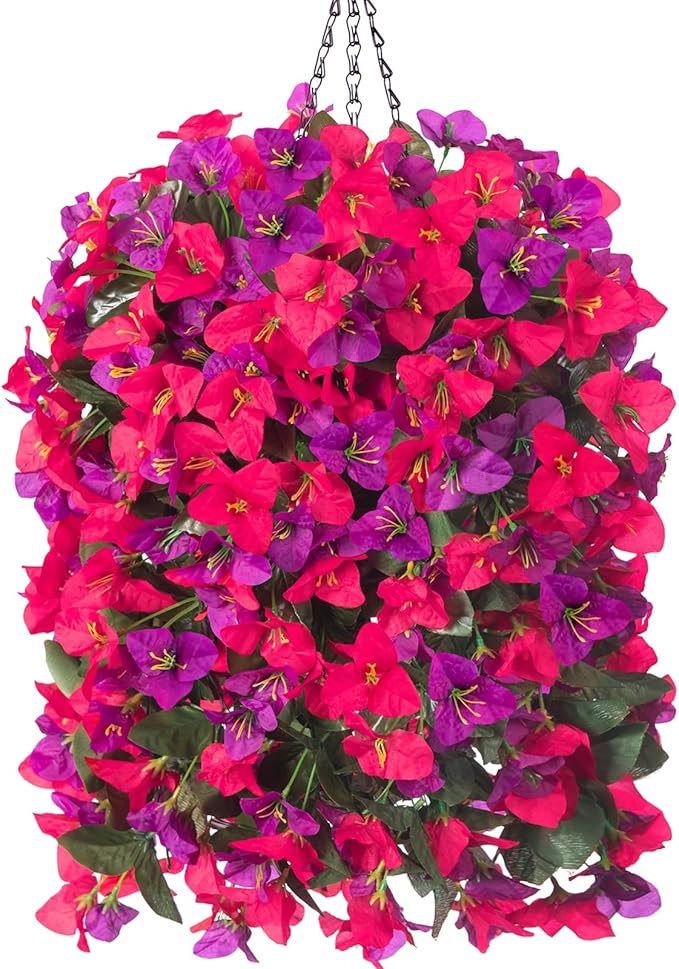 Artificial Bougainvillea Faux Flowers Plants Baskets for Outdoor Outside Decoration, 3PCS Fake Silk Flowers Long Trailing Vines UV Resistant Realistic for Front Door Porch Patio Balcony, PurpleHotpink