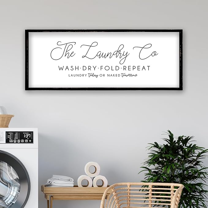 ZZJJHYWGQ Laundry Room Wall Decor 32"×12" Large Farmhouse Laundry Today Or Naked Tomorrow Wash Dry Fold Repeat Funny Vintage Sign Quote Humorous Art (Black)
