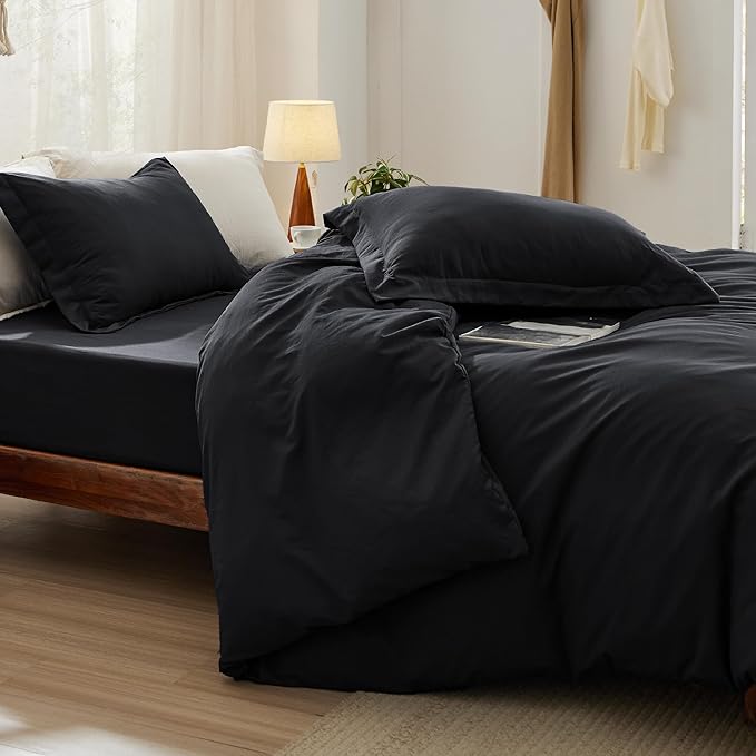 Bedsure Duvet Cover King Size with Fitted Sheet - 4 Pieces Prewashed Cotton-Like Extra Soft Bedding Set, Includes 1 Duvet Cover 104x90 Inches with Zipper Closure, 2 Pillow Shams, 1 Fitted Sheet, Black