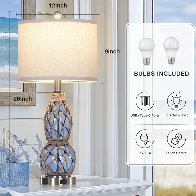 26" Coastal Glass Table Lamps Set of 2, 3-Way Dimmable Touch Lamps with USB Ports and AC Outlet, Nautical Bedside Lamps for Bedroom Living Room