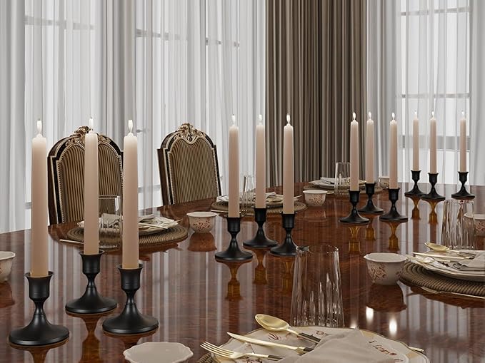 12PCS Black Taper Candle Holders Set, Vintage Metal Candlestick Holders for Dinner Room Table Centerpiece or Mantel Wedding Party Decor