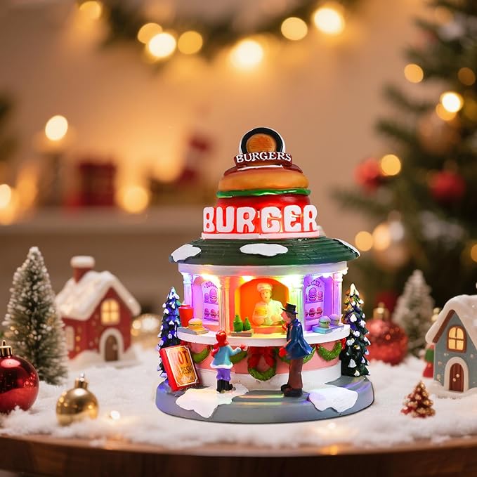 Vigdur Christmas Village Houses - Animated Hamburger Shop with LED Lighted and 8 Xmas Songs, Christmas Animation Village Indoor Holiday Tabletop Decorations for Home Tabletop Gift