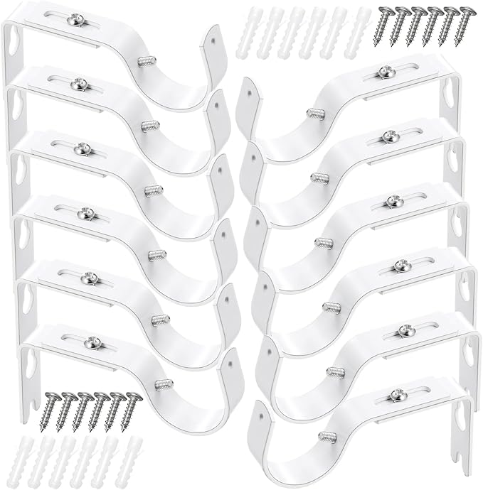 Frienda 12 Pcs Curtain Rod Brackets Adjustable Holder Wall for 1 Inch Diameter Curtain Rod General Bracket Hooks with Screws (Matt White)