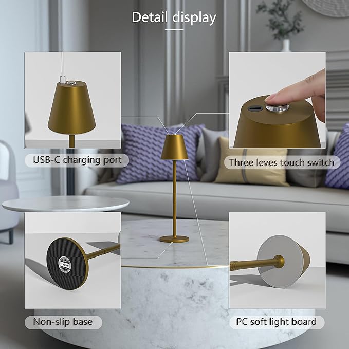 LED CordlessTable Lamp,4000mAh Rechargeable Battery Desk lamp,3 Level Brightness Beside Night Light, Minimalist Design, for Couple Dinner/Coffee Table/Restaurant/Bedroom(Bronze 2PACK)