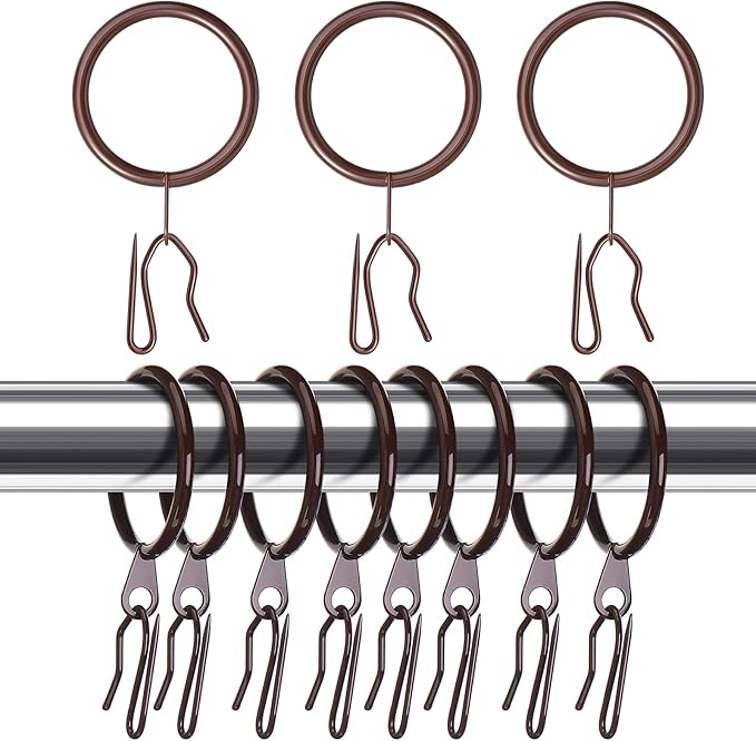 Hotop 60 Pieces 0.98 Inch Metal Drapery Curtain Rings Curtain Hanging Rings and 60 Pieces Metal Drapery Pin Hooks for Drapes Window Door Shower (Brown)