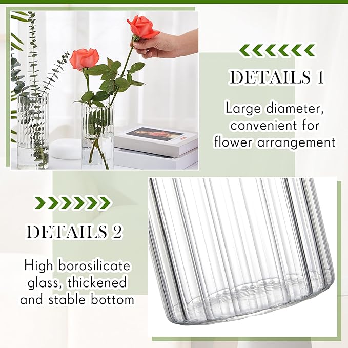 6 Pcs 8 Inch Tall Glass Ribbed Cylinder Vases Clear Floating Candle Flower Vase in Bulk, Hurricane Candle Holder for Wedding Housewarming Gift Table Centerpieces