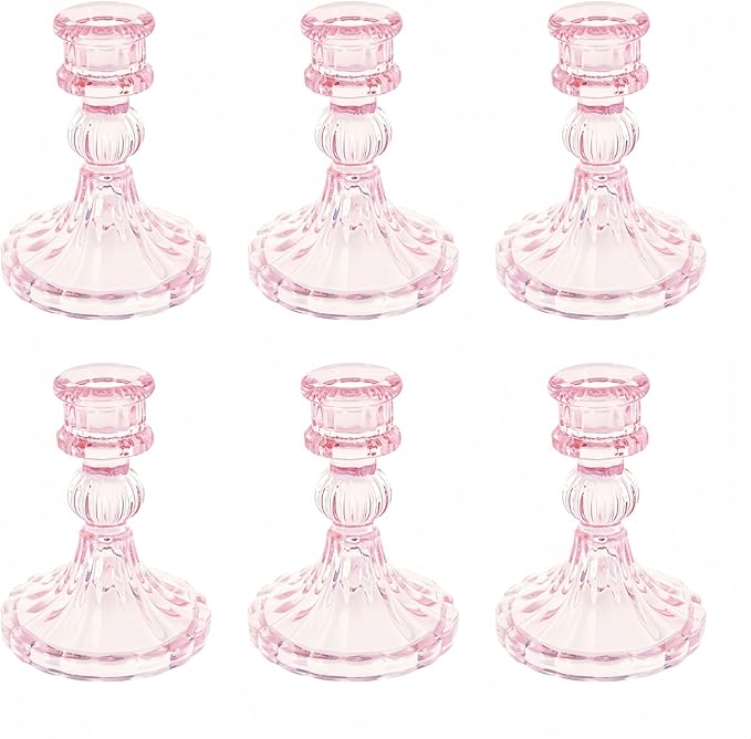 Glass Candlestick Holder,Striped Taper Candle Holders,Set of 6 Candle Stand for Table Centerpieces, Home Decor,Weddings,Festival and Parties (Pink Stripe Pattern)