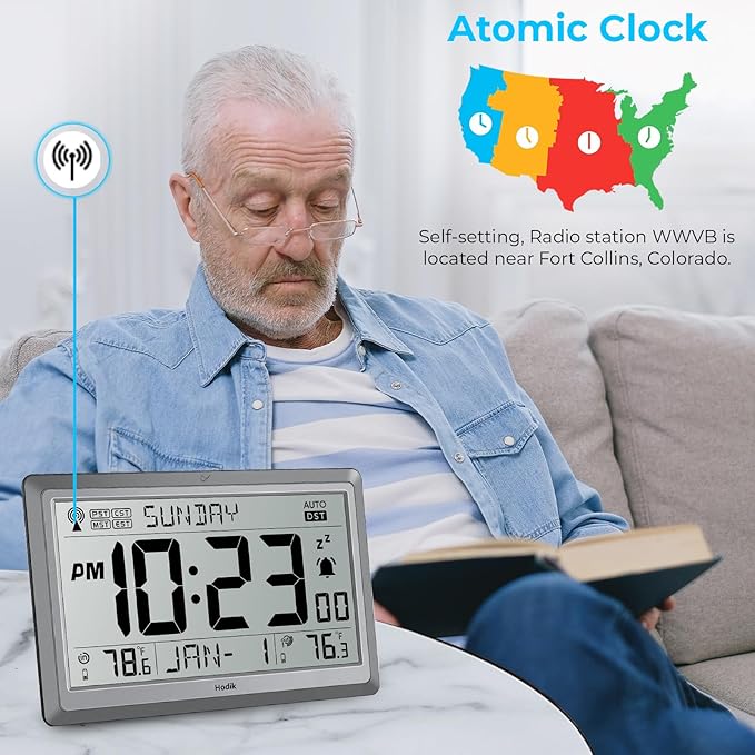 Wall Clock Atomic with Indoor Outdoor Temperature Battery Powered, Easy Reading with 10.5 Inch Large LCD Display, 330FT Range Table Wall Clock With DST, 12/24 Hour for Living Room Kitchen (Silver)