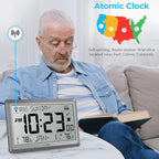 Wall Clock Atomic with Indoor Outdoor Temperature Battery Powered, Easy Reading with 10.5 Inch Large LCD Display, 330FT Range Table Wall Clock With DST, 12/24 Hour for Living Room Kitchen (Silver)