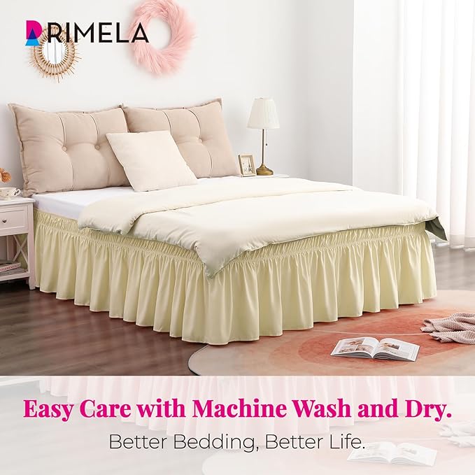 RIMELA Bed Skirt Queen Size 15 Inch Drop, Wrap Around Elastic Bedskirt Solid Microfiber Luxury Hotel Quality Fabric, Easy to Install Machine Washable Wrinkle & Fade Resistant, Beige Yellow