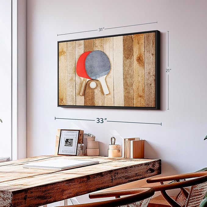 ElephantStock Ping Pong Wall Art - Horizontal Framed Canvas - 1-Piece Living Room Wall Decor - Photography Canvas Print - Brown and Red Decor for Wall - 31" X 21"