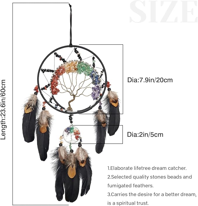 7 Chakras Dream Catchers Tree of Life Dream Catcher Black Feather Wall Decor with Rainbow Healing Crystal Stone Ornaments Wall Art Hanging for Bedroom Home Decor Blessing Gift Wedding Party -23.6"