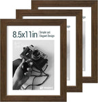 8.5x11 Picture Frame Set of 3 - Brown Woodgrain, Wood Photo Frame, HD Tempered Glass, Table Display or Wall Hanging