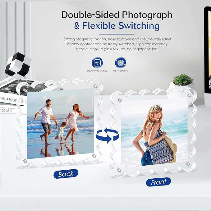 Acrylic Picture Frames .5×5inch 2Pack - Double-Sided Scalloped Photo Frame, 20mm Ultra-Clear Block, Modern Desktop Display for Home/Office Decor (2 Pack, 5X5)