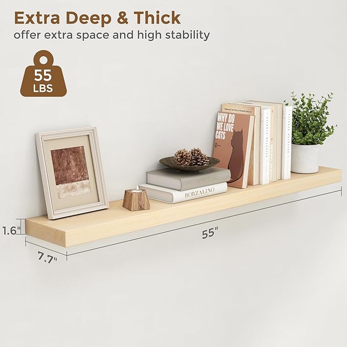 Marsmiles Floating Shelves for Wall - 55 Inch Natural Wood Floating Shelves Set of 1-55 Inch Wide x 7.7 Inch Deep x 1.6 Inch Thick Natural Wooden Shelves for Room Wall