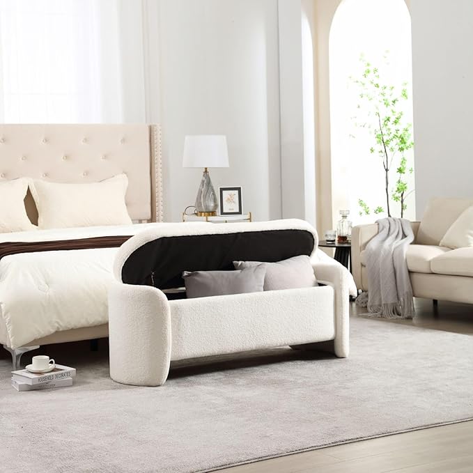 ROCTY White Boucle Storage Bench - 50" Sherpa Ottoman Bench for Bedroom, Entryway, Living Room & Vanity - Teddy Fabric with Storage & Seating