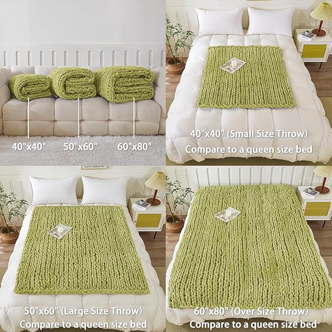WESHIONGOO Chunky Knit Blanket Throw 50"×60" Knitted Throw Blankets for Couch Bed Fluffy Soft Blanket with Jumbo Chenille Yarn Thick 100% Handmade (Lime Green)