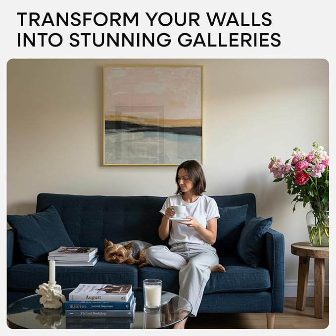 Homeforia 24x24 Gold Square Frame, High End Metal 24 x 24 Large Gold Poster Frames with Mat 20 by 20 for Photo, 24by24 Thin Picture Frame Matted to 20x20 inch Print, Tempered Glass, Wall Kit, Set of 1