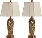 27" Set of 2 Farmhouse Table Lamps for Living Room Bedroom, Rustic Bedside Lamp with USB A+C Ports, Red Brown Resin Vintage Nightstand Lamps with Night Light, 2 Bulbs Include