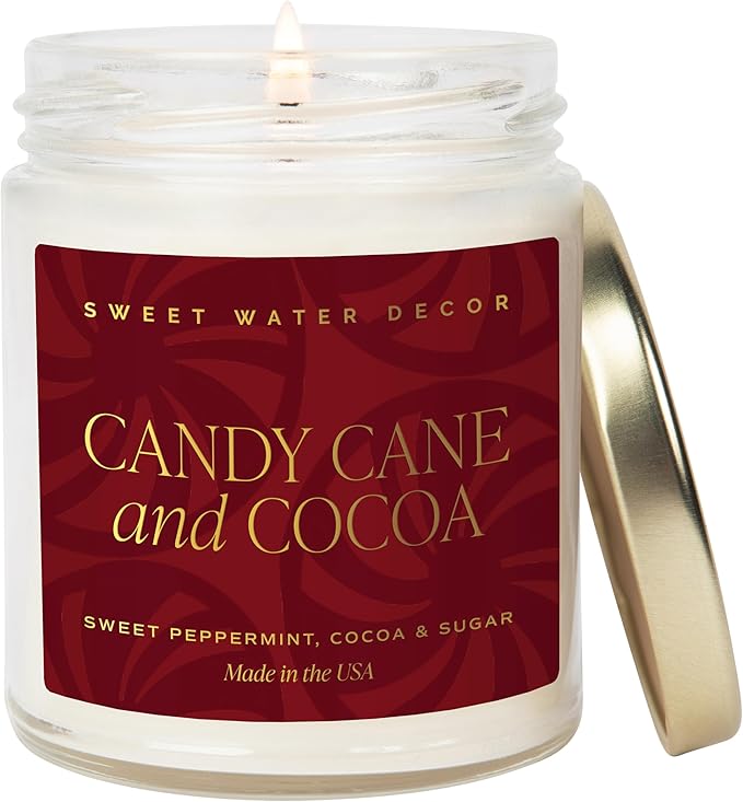 Sweet Water Decor Candy Cane and Cocoa Soy Candle - Hot Chocolate Peppermint Candle for Christmas Decor - Gold Foil Pattern 9oz Clear Jar, 40 Hour Burn Time, Made in The USA