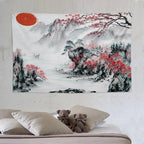Cherry Blossoms Tapestry,Japanese Red Landscape Asian Watercolor Abstract Art Tapestry, Asian Japanese Wall Tapestry, Nature Landscape Tapestries for Bedroom Living Room Decor 90"x60"