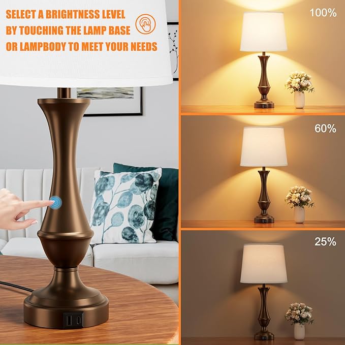 Upgraded Touch Lamps for Night Stands Set of 2 - Bedside Lamps with USB C+A, 3 Way Dimmable for Bedroom Living Room End Tables Office (White&Brown)