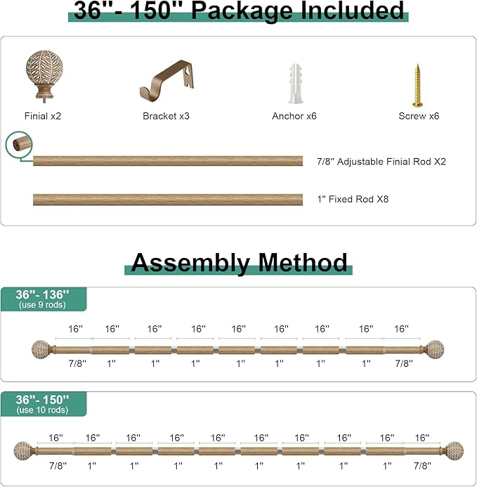 Wood Curtain Rods for Windows 72 to 144 Inch,1'' Diameter Drapery Rods with Imitation Wood Grain Leaf Pattern Finials,Boho Adjustable Heavy Duty Curtain Rods Set,36-150'',Color:Weathered Wood