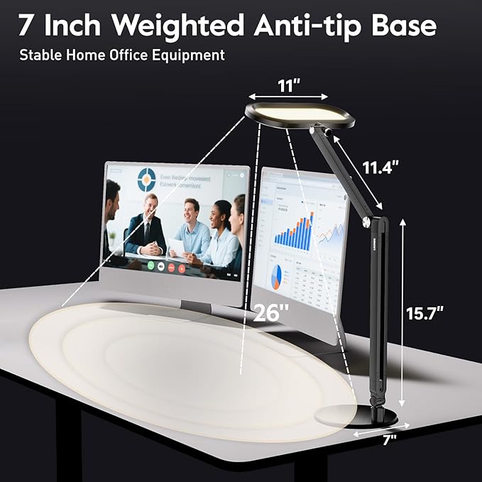 LED Desk Lamp for Home Office – Eye-Caring Double Side Light with Knob Remote, Stepless Dimming & Color, Memory, Metal Table Lamp for Zoom, Studying, Video Conference, Flicker-Free, Glare-Free