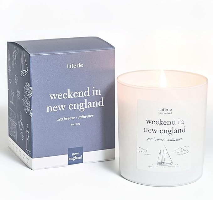 Literie NYC Inspired Scented Candle: Weekend in New England - Sea Breeze & Saltwater Scent, 9oz, 50 Hour Burn, Vegan Soy & Coconut Blend Candle for Home Decor, Gift for Women & Men