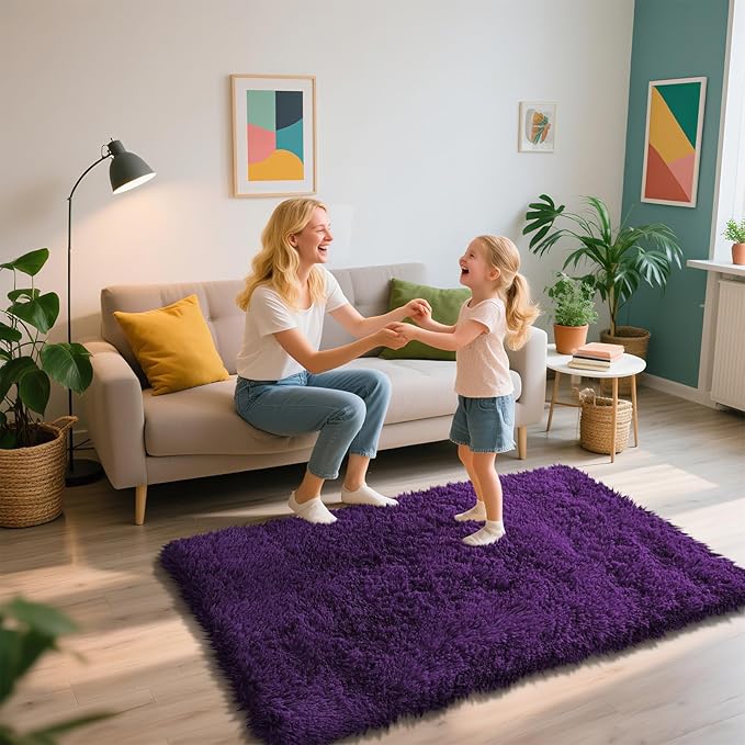 Shag Area Rug for Bedroom 3x5,Purple Fluffy Area Rugs for Living Room,Soft Fuzzy Rug Non-Shedding Indoor Plush Carpet for Kids Bedroom Nursery Dorm Home Decor