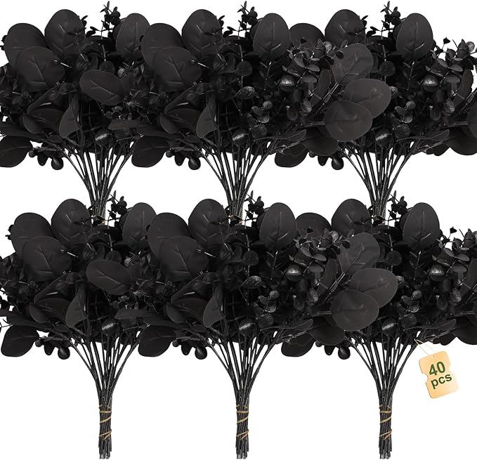 40 Pcs Artificial Black Eucalyptus Stems, Fake Eucalyptus Leaves Branches Bouquet for Flower Arrangement DIY, Black Silk Flowers for Home Halloween Farmhouse Decor