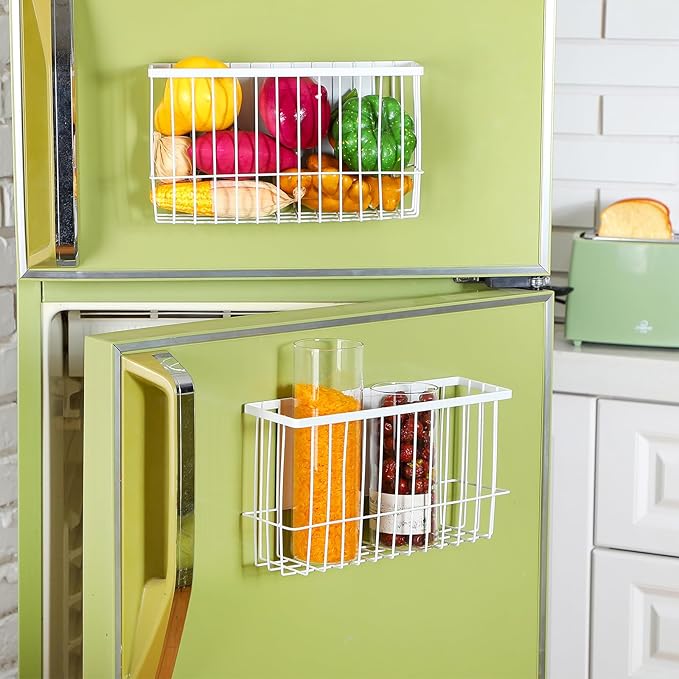 3 Pcs Magnetic or Adhesive Refrigerator Organizer Magnetic Baskets Kitchen Holder for Refrigerator Metal Shelf Rack Storage with 2 Types of Installation(White)