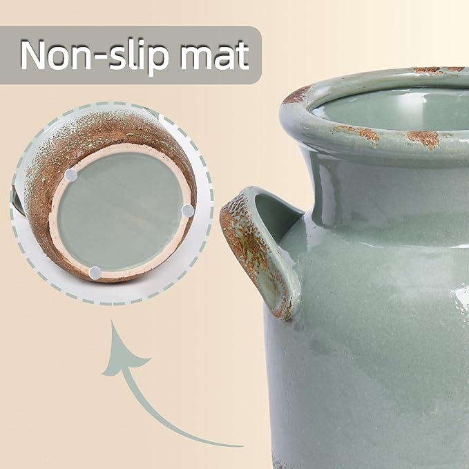 Quoowiit Ceramic Rustic Farmhouse Vase, Distressed Decorative Flower Vases for Home Decor, Ideal Shelf Decor, Green Boho Vase for Living Room Bedroom Kitchen Office Centerpiece Table Decorations