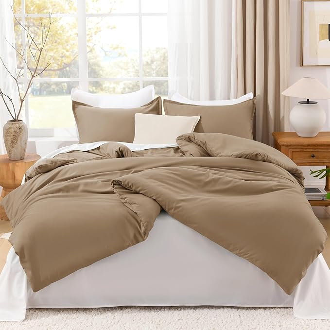 Litanika Comforters Taupe Super King Size, 3 Pieces Lightweight Solid Bedding Set & Collections, All Season Fluffy Bed Set (120x120In Comforter & 2 Pillowcases)
