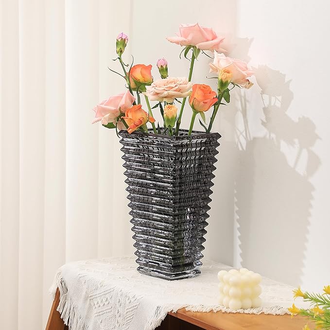 MCMCNCUIU Crystal Glass Vase, Large Crystal Vases for Flowers, Large Flower Vase, Black Modern Vases for Living Room, Bedroom, Kitchen, Dining Table, Mantle, Wedding, 11 Inches
