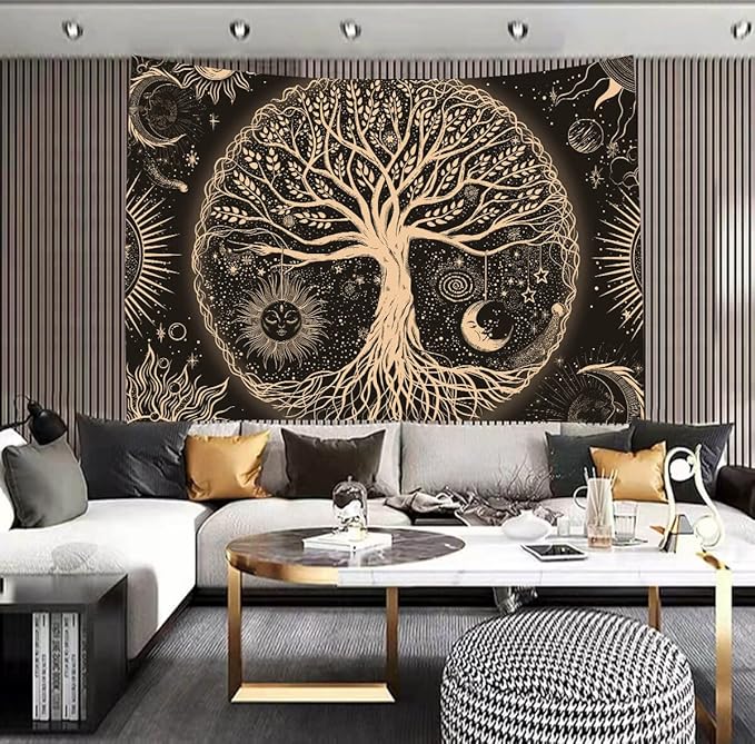 FORATER Tree of Life Tapestry Wall Hanging Sun Moon Stars Tapestries Aesthetic Galaxy Wall Tapestry Nature Home Decoration for Living Room Bedroom(53 x 61 Inch, Black and Gold)